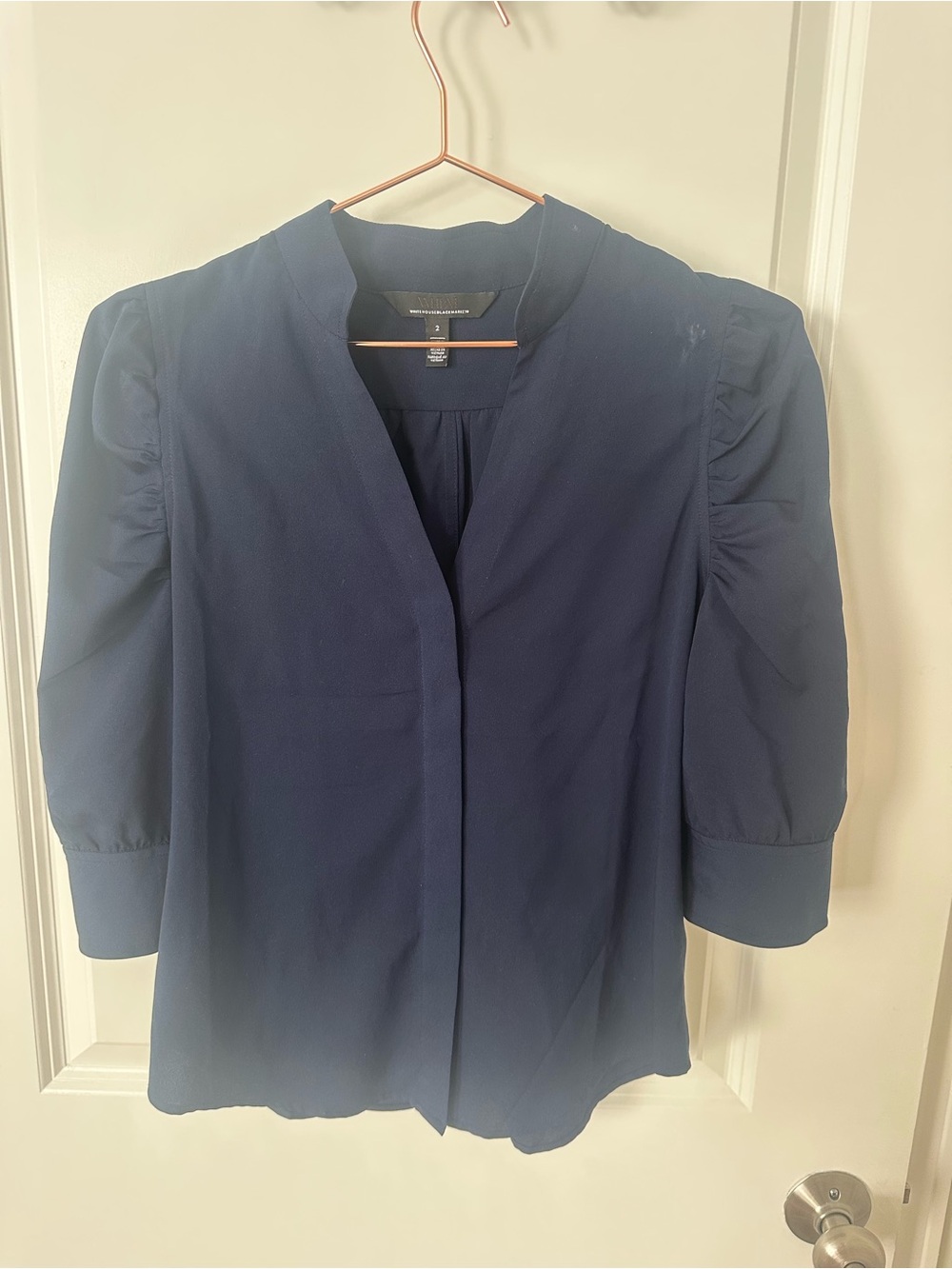 WHBM Navy Ruched-Sleeve Shirt - Picture 2 of 5